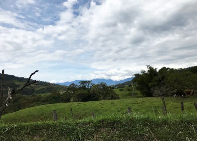 Campos verdes en el trayecto de Villa de Leyva a Barichara, Colombia.
