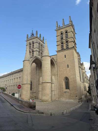 Vista lateral de la Catedral de Saint-Pierre en Montpellier, Francia, bajo un cielo azul despejado. Destaca su inusual pórtico de entrada, formado por dos enormes columnas cilíndricas rematadas en punta que sostienen un baldaquino, flanqueado por dos torres góticas con almenas. Al fondo se aprecia parte del edificio de la antigua facultad de medicina, adyacente a la catedral, y una calle empedrada en primer plano.