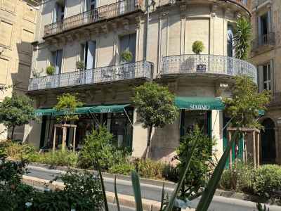 Fachada de un edificio clásico en esquina, con dos balcones curvos de hierro forjado decorados con plantas en macetas. En la planta baja se encuentra la tienda Souleïado, con toldos verdes y terrazas exteriores. La escena está enmarcada por árboles y vegetación en primer plano, bajo un cielo despejado.